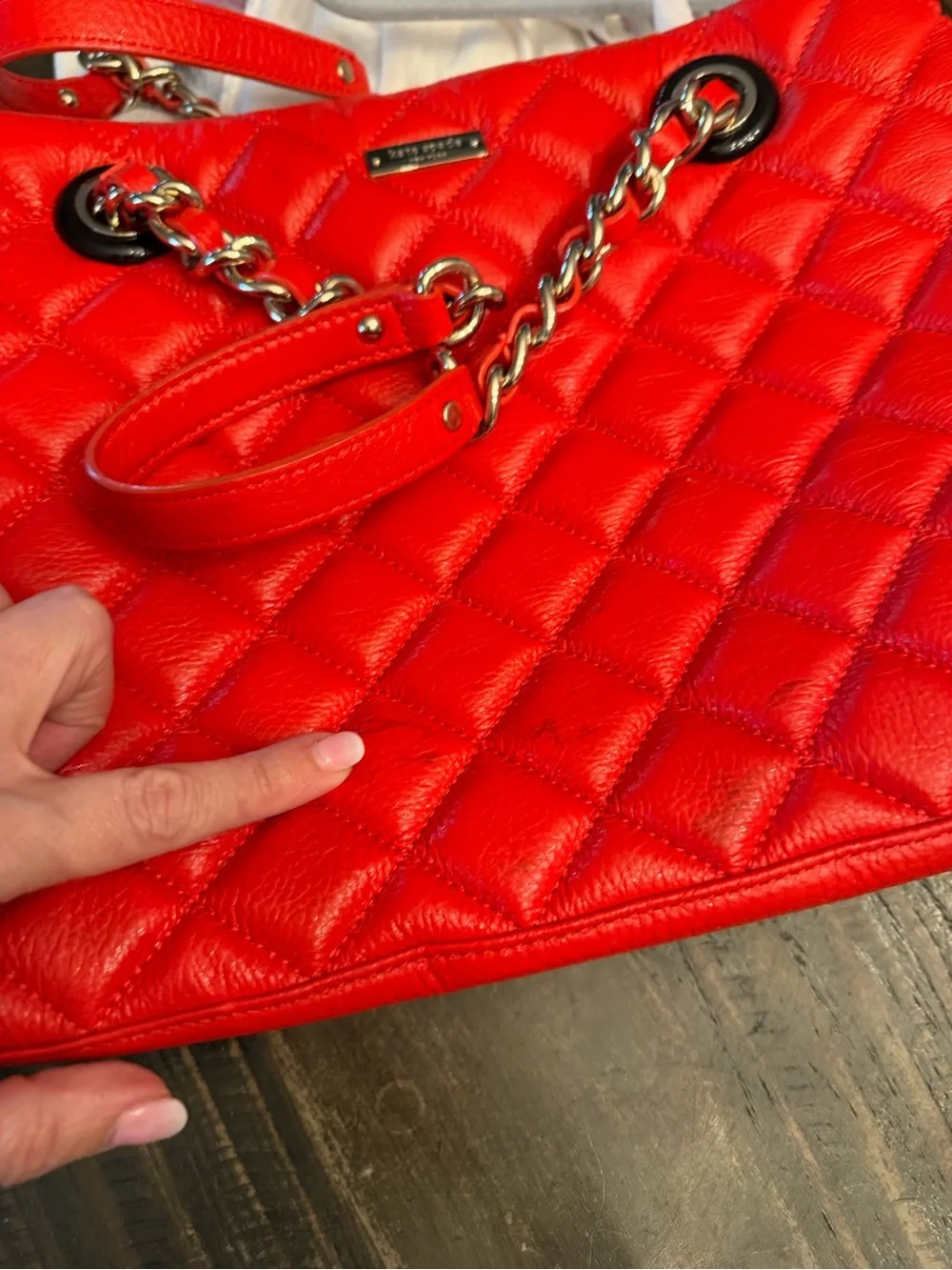 Kate Spade Quilted Red Tote Bag with Gold Chain Handles